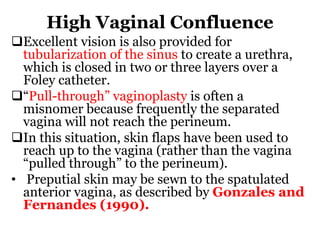High Vaginal Confluence
Excellent vision is also provided for
tubularization of the sinus to create a urethra,
which is closed in two or three layers over a
Foley catheter.
“Pull-through” vaginoplasty is often a
misnomer because frequently the separated
vagina will not reach the perineum.
In this situation, skin flaps have been used to
reach up to the vagina (rather than the vagina
“pulled through” to the perineum).
• Preputial skin may be sewn to the spatulated
anterior vagina, as described by Gonzales and
Fernandes (1990).
 