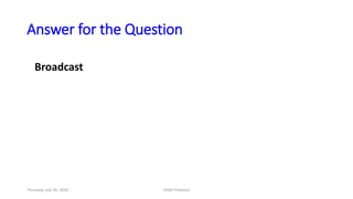 Answer for the Question
Broadcast
Thursday, July 30, 2020 DSDV Protocol
 