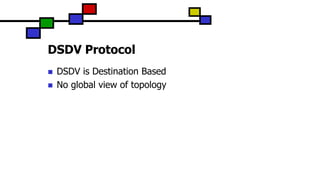 DSDV Protocol
 DSDV is Destination Based
 No global view of topology
 