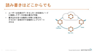 読み書きはどこからでも
• ユーザーは任意のデータセンターの任意のノード
に接続してデータの読み書きが可能
• 書き込みは全て自動的に均等に分散され、
クラスター全体の中で自動的にレプリケート
される
© DataStax, All Rights Reserved.16
 