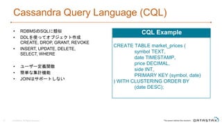 Cassandra Query Language (CQL)
• RDBMSのSQLに類似
• DDLを使ってオブジェクト作成
CREATE, DROP, GRANT, REVOKE
• INSERT, UPDATE, DELETE,
SELECT, WHERE
• ユーザー定義関数
• 簡単な集計機能
• JOINはサポートしない
© DataStax, All Rights Reserved.21
CQL Example
CREATE TABLE market_prices (
symbol TEXT,
date TIMESTAMP,
price DECIMAL,
side INT,
PRIMARY KEY (symbol, date)
) WITH CLUSTERING ORDER BY
(date DESC);
 