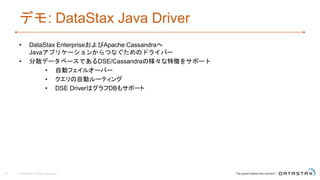 デモ: DataStax Java Driver
• DataStax EnterpriseおよびApache Cassandraへ
Javaアプリケーションからつなぐためのドライバー
• 分散データベースであるDSE/Cassandraの様々な特徴をサポート
• 自動フェイルオーバー
• クエリの自動ルーティング
• DSE DriverはグラフDBもサポート
© DataStax, All Rights Reserved.25
 