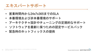 エキスパートサポート
• 営業時間内から24x7x365までのSLA
• 本番環境および非本番環境のサポート
• アーキテクチャ設計やチューニングの定期的なサポート
• ソフトウェアを最新に保つための認定サービスパック
• 緊急時のホットフィックスの提供
DataStax is a registered trademark of DataStax, Inc. and its subsidiaries in the United States
and/or other countries.51
 