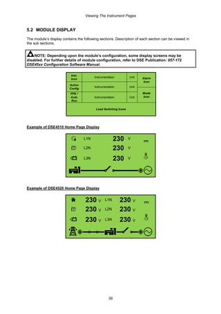 Viewing The Instrument Pages
39
5.2 MODULE DISPLAY
The module’s display contains the following sections. Description of each section can be viewed in
the sub sections.
NOTE: Depending upon the module’s configuration, some display screens may be
disabled. For further details of module configuration, refer to DSE Publication: 057-172
DSE45xx Configuration Software Manual.
Inst.
Icon
Instrumentation Unit Alarm
Icon
Active
Config
Instrumentation Unit
Mode
Icon
FPE /
Auto
Run
Instrumentation Unit
Load Switching Icons
Example of DSE4510 Home Page Display
L1N 230 V
L2N 230 V
L3N 230 V
Example of DSE4520 Home Page Display
230 V L1N 230 V
230 V L2N 230 V
230 V L3N 230 V
 