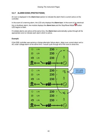 Viewing The Instrument Pages
43
5.2.7 ALARM ICONS (PROTECTIONS)
An icon is displayed in the Alarm Icon section to indicate the alarm that is current active on the
controller.
In the event of a warning alarm, the LCD only displays the Alarm Icon. In the event of an electrical
trip or shutdown alarm, the module displays the Alarm Icon and the Stop/Reset Mode button
LED begins to flash.
If multiple alarms are active at the same time, the Alarm Icon automatically cycles through all the
appropriate icons to indicate each alarm which is active.
Example:
If the DSE controller was sensing a charge alternator failure alarm, delay over current alarm and a
AC under voltage alarm at the same time, it would cycle through all of the icons to show this.
Icon cycle
procedure
 