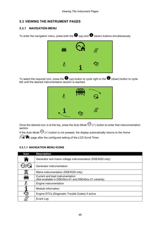 Viewing The Instrument Pages
48
5.3 VIEWING THE INSTRUMENT PAGES
5.3.1 NAVIGATION MENU
To enter the navigation menu, press both the (up) and (down) buttons simultaneously.
To select the required icon, press the (up) button to cycle right or the (down) button to cycle
left until the desired instrumentation section is reached.
Once the desired icon is at the top, press the Auto Mode ( ) button to enter that instrunmentation
section.
If the Auto Mode ( ) button is not pressed, the display automatically returns to the Home
( / ) page after the configured setting of the LCD Scroll Timer.
5.3.1.1 NAVIGATION MENU ICONS
Icon Description
Generator and mains voltage instrumentation (DSE4520 only)
/ Generator instrumentation
Mains instrumentation (DSE4520 only)
Current and load instrumentation
(Not available in DSE45xx-01 and DSE45xx-31 variants)
Engine instrumentation
Module information
Engine DTCs (Diagnostic Trouble Codes) if active
Event Log
 