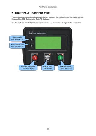 Front Panel Configuration
65
7 FRONT PANEL CONFIGURATION
This configuration mode allows the operator to fully configure the module through its display without
the use of the DSE Configuration Suite PC Software.
Use the module’s facia buttons to traverse the menu and make value changes to the parameters:
Previous Section
(301→201→101)
Next Section
(101→201→301)
Next Parameter
(101→102→103)
Previous Parameter
(103→102→101)
Edit or Save
Parameter
 
