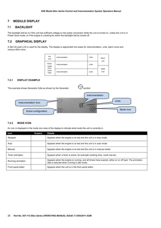 Icon Graphic Details
Stopped Appears when the engine is at rest and the unit is in stop mode.
Auto Appears when the engine is at rest and the unit is in auto mode.
Manual Appears when the engine is at rest and the unit is in manual mode/
Timer animation Appears when a timer is active, for example cranking time, crank rest etc.
Running animation Appears when the engine is running, and all timers have expired, either on or off load. The animation
rate is reduced when running in idle mode.
Front panel editor Appears when the unit is in the front panel editor.
Inst.
Icon
Instrumentation Units
Alarm
Icon
Active
config
/FPE,
event
index
Instrumentation Units
Mode
IconInstrumentation Units
DSE Model 60xx Series Control and Instrumentation System Operators Manual
7
7.1
MODULE DISPLAY
BACKLIGHT
The backlight will be on if the unit has sufficient voltage on the power connection while the unit is turned on, unless the unit is in
Power Save mode, or if the engine is cranking for which the backlight will be turned off.
7.2 GRAPHICAL DISPLAY
A 48x132 pixel LCD is used for the display. The display is segmented into areas for instrumentation, units, alarm icons and
various other icons.
7.2.1 DISPLAY EXAMPLE
This example shows Generator Volts as shown by the Generator
Instrumentation Icon
Active configuration
symbol.
Instrumentation
Units
Mode Icon
7.2.2 MODE ICON
An icon is displayed in the mode icon area of the display to indicate what mode the unit is currently in.
30 Part No. 057-112 60xx Series OPERATING MANUAL ISSUE 3 13/04/2011 ADM
 