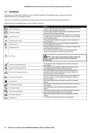 DSE Model 60xx Series Control and Instrumentation System Operators Manual
7.4 WARNINGS
Warnings are non-critical alarm conditions and do not affect the operation of the generator system, they serve to draw the
operators attention to an undesirable condition.
In the event of an alarm the LCD will jump to the alarms page, and scroll through all active warnings and shutdowns.
Warning alarms are self-resetting when the fault condition is removed.
Display
Battery High Voltage
Battery Low Voltage
CAN ECU Warning
Charge Alternator Failure
Digital Input A-D
Analogue Input A-C
Fail To stop
Generator High Voltage Warning
Generator Low Voltage Warning
High Coolant Temperature Warning
Low Oil Pressure Warning
Low Fuel Level
Over Frequency Warning
Over Speed Warning
Under Frequency Warning
Under Speed Warning
Flexible Sensor
Reason
The DC supply has risen above the high volts setting level for the
duration of the high battery volts timer
The DC supply has fallen below the low volts setting level for the
duration of the low battery volts timer
The engine ECU has detected a warning alarm and has informed
the DSE module of this situation. The exact error is also indicated
on the module‟s display.
The auxiliary charge alternator voltage is low as measured from
the W/L terminal.
Auxiliary Digital inputs can be user configured as Digital inputs
and will display the relevant icon.
Auxiliary Analogue inputs can be user configured as Digital inputs
and will display the relevant icon.
The module has detected a condition that indicates that the
engine is running when it has been instructed to stop.
NOTE:- ‘Fail to Stop’ could indicate a faulty oil pressure
sensor - If engine is at rest check oil sensor wiring and
configuration.
The generator output voltage has risen above the pre-set pre-
alarm setting.
The generator output voltage has fallen below the pre-set pre-
alarm setting after the Safety On timer has expired.
The module detects that the engine coolant temperature has
exceeded the high engine temperature pre-alarm setting level
after the Safety On timer has expired.
The module detects that the engine oil pressure has fallen below
the low oil pressure pre-alarm setting level after the Safety On
timer has expired.
The module detects that the fuel level is below the configured
setting
The generator output frequency has risen above the pre-set pre-
alarm setting.
The engine speed has risen above the overspeed pre alarm
setting
The generator output frequency has fallen below the pre-set pre-
alarm setting after the Safety On timer has expired.
The engine speed has fallen below the underspeed pre alarm
setting
The flexible sensor warning alarm has been triggered.
34 Part No. 057-112 60xx Series OPERATING MANUAL ISSUE 3 13/04/2011 ADM
 
