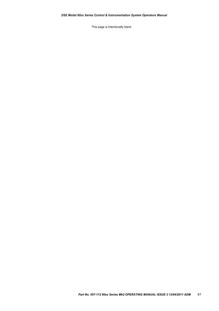 DSE Model 60xx Series Control & Instrumentation System Operators Manual
This page is intentionally blank.
Part No. 057-112 60xx Series Mk2 OPERATING MANUAL ISSUE 3 13/04/2011 ADM 61
 
