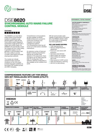 DSE8620
SYNCHRONISING AUTO MAINS FAILURE
CONTROL MODULE
DSEGenset
®
11ph
2ph
3ph
N
1ph 1ph
2ph
3ph
E
N
1ph
2ph
3ph
N
1
11
232
6 4
MODEM
ISSUE 1
RS232 AND
RS485
CONFIGURABLE
INPUTS
DC OUTPUTS ANALOGUE
SENDERS
EMERGENCY
STOP
DC POWER
SUPPLY 8-35V
DEUTZ
ISUZU
PERKINS
CATERPILLAR
MTU
VOLVO
CUMMINS
SCANIA
+
D +
W/L
GENERATOR SENSING
VOLTSVOLTS CURRENTCURRENT
ELECTRONIC
ENGINES &
MAGNETICPICK-UP
FUEL & CRANK
OUTPUTS
FLEXIBLE WITH CAN
CHARGE
ALTERNATOR
N/O VOLT
FREE OUTPUT
N/C VOLT FREE
OUTPUT
MAINS (UTILITY) SENSING
+
COMPREHENSIVE FEATURE LIST FOR SINGLE
GEN-SET PARALLELING WITH MAINS (UTILITY)
7
OTHER
DSE8620
FEATURES
ENVIRONMENTAL TESTING STANDARDS
ELECTRO-MAGNETIC COMPATIBILITY
BS EN 61000-6-2
EMC Generic Immunity Standard for
the Industrial Environment
BS EN 61000-6-4
EMC Generic Emission Standard for
the Industrial Environment
ELECTRICAL SAFETY
BS EN 60950
Safety of Information Technology Equipment,
including Electrical Business Equipment
TEMPERATURE
BS EN 60068-2-1
Ab/Ae Cold Test -30 o
C
BS EN 60068-2-2
Bb/Be Dry Heat +70 o
C
VIBRATION
BS EN 60068-2-6
Ten sweeps in each of three
major axes
5 Hz to 8 Hz @ +/-7.5 mm,
8 Hz to 500 Hz @ 2 gn
HUMIDITY
BS EN 60068-2-30
Db Damp Heat Cyclic 20/55 o
C
@ 95% RH 48 Hours
BS EN 60068-2-78
Cab Damp Heat Static 40 o
C
@ 93% RH 48 Hours
SHOCK
BS EN 60068-2-27
Three shocks in each of three major axes
15 gn in 11 mS
DEGREES OF PROTECTION
PROVIDED BY ENCLOSURES
BS EN 60529
IP65 - Front of module when installed into the
control panel with the supplied sealing gasket.
485
MODBUS
USB
PORT
USB
HOST
ETHERNET
PC
DSENET
EXPANSION
The DSE8620 is an Auto Mains
(Utility) Failure Control Module
suitable for paralleling single
gensets (diesel or gas) with the
mains (utility) supply. Designed to
synchronise a single genset with a
single mains (utility) supply, the
DSE8620 will automatically control
the change over from mains (utility)
to generator supply or run the
generator in synchronisation with
the mains (utility) to provide
no-break, peak lopping and peak
shaving power solutions.
The module can indicate
operational status and fault
conditions on the LCD screen
(multiple languages available), by
illuminated LED, audible sounder
and SMS messaging.
Comprehensive communications
are also available via RS232,
RS485 & Ethernet for remote PC
control and monitoring, and
integration into building
management systems.
The comprehensive event log will
record up to 250 events to facilitate
maintenance.
An extensive number of fixed and
flexible monitoring and protection
features are included. Easy
alteration of the sequences, timers
and alarms can be made using the
DSE PC Configuration Suite
Software. Selected configuration is
also available via the module’s front
panel.
With all communication ports
capable of being active at the same
time, the DSE8xxx Series is ideal
for a wide variety of demanding
load share applications.
KEY LOAD SHARE FEATURES:
• Peak lopping/sharing
• Manual voltage/frequency
adjustment
• R.O.C.O.F. and vector shift
protection
• Generator load demand
• Mains (Utility) de-coupling
• Mains (Utility) de-coupling
test mode
• Direct governor & AVR control.
• Volts and frequency matching.
• kW & kV Ar load sharing
DSE2130
DSE2131
DSE2133
DSE2152
DSE2157
DSE2548
 