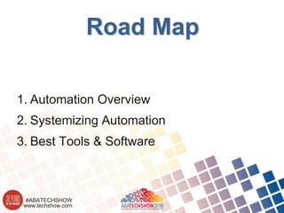 www.techshow.com
#ABATECHSHOW
Road Map
1. Automation Overview
2. Systemizing Automation
3. Best Tools & Software
 