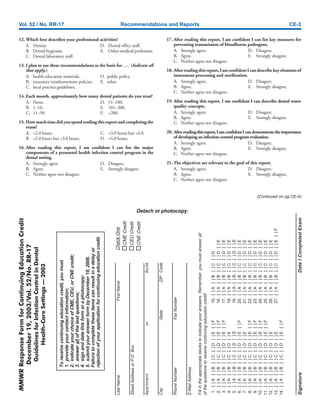 Vol. 52 / No. RR-17 Recommendations and Reports CE-3
Detach or photocopy.
MMWRResponseFormforContinuingEducationCredit
December19,2003/Vol.52/No.RR-17
GuidelinesforInfectionControlinDental
Health-CareSettings—2003
12. Which best describes your professional activities?
A. Dentist. D. Dental office staff.
B. Dental hygienist. E. Other medical profession.
C. Dental laboratory staff.
13. I plan to use these recommendations as the basis for . . . (Indicate all
that apply.)
A. health education materials. D. public policy.
B. insurance reimbursement policies. E. other.
C. local practice guidelines.
14. Each month, approximately how many dental patients do you treat?
A. None. D. 51–100.
B. 1–10. E. 101–200.
C. 11–50. F. >200.
15. Howmuchtimedidyouspendreadingthisreportandcompletingthe
exam?
A. <2.0 hours. C. >3.0 hours but <4.0.
B. >2.0 hours but <3.0 hours. D. >4.0 hours.
16. After reading this report, I am confident I can list the major
components of a personnel health infection control program in the
dental setting.
A. Strongly agree. D. Disagree.
B. Agree. E. Strongly disagree.
C. Neither agree nor disagree.
17. After reading this report, I am confident I can list key measures for
preventing transmission of bloodborne pathogens.
A. Strongly agree. D. Disagree.
B. Agree. E. Strongly disagree.
C. Neither agree nor disagree.
18. Afterreadingthisreport,IamconfidentIcandescribekeyelementsof
instrument processing and sterilization.
A. Strongly agree. D. Disagree.
B. Agree. E. Strongly disagree.
C. Neither agree nor disagree.
19. After reading this report, I am confident I can describe dental water
quality concepts.
A. Strongly agree. D. Disagree.
B. Agree. E. Strongly disagree.
C. Neither agree nor disagree.
20. Afterreadingthisreport,IamconfidentIcandemonstratetheimportance
of developing an infection-control program evaluation.
A. Strongly agree. D. Disagree.
B. Agree. E. Strongly disagree.
C. Neither agree nor disagree.
21. The objectives are relevant to the goal of this report.
A. Strongly agree. D. Disagree.
B. Agree. E. Strongly disagree.
C. Neither agree nor disagree.
Toreceivecontinuingeducationcredit,youmust
1.provideyourcontactinformation;
2.indicateyourchoiceofCME,CEU,orCNEcredit;
3.answerallofthetestquestions;
4.signanddatethisformoraphotocopy;
5.submityouranswerformbyDecember19,2006.
Failuretocompletetheseitemscanresultinadelayor
rejectionofyourapplicationforcontinuingeducationcredit.
LastNameFirstName
StreetAddressorP.O.Box
ApartmentorSuite
CityStateZIPCode
PhoneNumberFaxNumber
E-MailAddress
SignatureDateICompletedExam
Fillintheappropriateblockstoindicateyouranswers.Remember,youmustanswerall
ofthequestionstoreceivecontinuingeducationcredit!
1.[]A[]B[]C[]D[]E[]F15.[]A[]B[]C[]D
2.[]A[]B[]C[]D[]E[]F16.[]A[]B[]C[]D[]E
3.[]A[]B[]C[]D[]E[]F17.[]A[]B[]C[]D[]E
4.[]A[]B[]C[]D[]E18.[]A[]B[]C[]D[]E
5.[]A[]B[]C[]D[]E19.[]A[]B[]C[]D[]E
6.[]A[]B[]C[]D[]E[]F20.[]A[]B[]C[]D[]E
7.[]A[]B[]C[]D[]E21.[]A[]B[]C[]D[]E
8.[]A[]B[]C[]D[]E[]F22.[]A[]B[]C[]D[]E
9.[]A[]B[]C[]D[]E[]F23.[]A[]B[]C[]D[]E
10.[]A[]B[]C[]D[]E[]F24.[]A[]B[]C[]D[]E
11.[]A[]B[]C[]D[]E[]F25.[]A[]B[]C[]D[]E
12.[]A[]B[]C[]D[]E26.[]A[]B[]C[]D[]E
13.[]A[]B[]C[]D[]E27.[]A[]B[]C[]D[]E[]F
14.[]A[]B[]C[]D[]E[]F
CheckOne
CMECredit
CNECredit
CEUCredit
(Continued on pg CE-4)
 