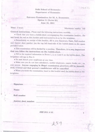 Delhi School of Economics Entrance Exam Paper (2011)