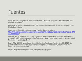 Fuentes
UNADM. 2017. Seguridad de la informática. Unidad 3. Programa desarrollado. PDF.
Ciudad de México.
Herrerías A. Seguridad Informática y Administración Pública. Material de apoyo PDF.
Ciudad de México
Seguridad Informática. Gobierno de España. Recuperado de:
http://descargas.pntic.mec.es/mentor/visitas/demoSeguridadInformatica/isoirc_270
01_pdca.html)
Sarubbi, J.P., y Blanqué, J. (2008). Seguridad de la informática. Técnicas de defensa
comunes bajo variantes del sistema operativo Unix. Luján, Buenos Aires: Universidad
Nacional de Luján. pp. 1-17.
EdwinRSV. (2011). Modelo de Seguridad en Profundidad. Noviembre 11, 2017, de
guardNET Sitio web: https://guardnet.wordpress.com/2011/06/08/modelo-de-
seguridad-en-profundidad/
https://seguinfo.wordpress.com/category/bcp/page/2/
 