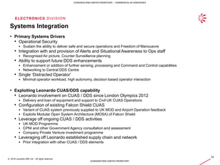 ELECTRONICS DIVISION
10
© 2019 Leonardo MW Ltd – All rights reserved
LEONARDO MW LIMITED PRORIETARY – COMMERCIAL IN CONFIDENCE
LEONARDO MW LIMITED PRORIETARY
Systems Integration
• Primary Systems Drivers
• Operational Security
 Sustain the ability to deliver safe and secure operations and Freedom of Manouevre
• Integration with and provision of Alerts and Situational Awareness to Ops staff
 Recognised Air picture, Counter Surveillance planning
• Ability to support future DDS enhancements
 Enhancement or addition of further sensing, processing and Command and Control capabilities
 Networking to Central DDS Centre
• Single ‘Distracted Operator’
 Minimal operator workload, high autonomy, decision based operator interaction
• Exploiting Leonardo CUAS/DDS capability
• Leonardo involvement on CUAS / DDS since London Olympics 2012
 Delivery and loan of equipment and support to Civil UK CUAS Operations
• Configuration of existing Falcon Shield CUAS
 Variant of CUAS system previously supplied to UK MOD and Airport Operation feedback
 Exploits Modular Open System Architecture (MOSA) of Falcon Shield
• Leverage off ongoing CUAS / DDS activities
 UK MOD Programme
 CPNI and other Government Agency consultation and assessment
 Company Private Venture investment programme
• Leveraging off Leonardo established supply chain and network
 Prior integration with other CUAS / DDS elements
 