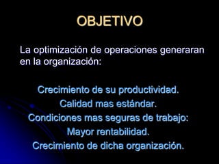   Simplificar operaciones en los diferentes procesos de fabricaciónOptimizar las  operaciones por medio de sistemas simultáneos y la reducción de tiempos improductivos tanto en las operaciones como los transportes y  almacenamientos.
