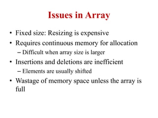 Issues in Array
• Fixed size: Resizing is expensive
• Requires continuous memory for allocation
– Difficult when array size is larger
• Insertions and deletions are inefficient
– Elements are usually shifted
• Wastage of memory space unless the array is
full
 