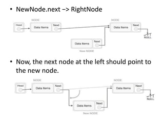 • NewNode.next −> RightNode
• Now, the next node at the left should point to
the new node.
 