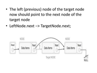 • The left (previous) node of the target node
now should point to the next node of the
target node
• LeftNode.next −> TargetNode.next;
 