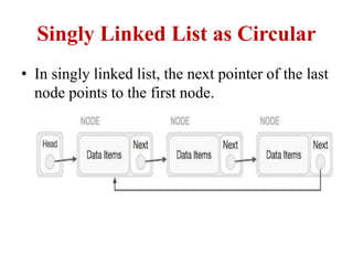 Singly Linked List as Circular
• In singly linked list, the next pointer of the last
node points to the first node.
 
