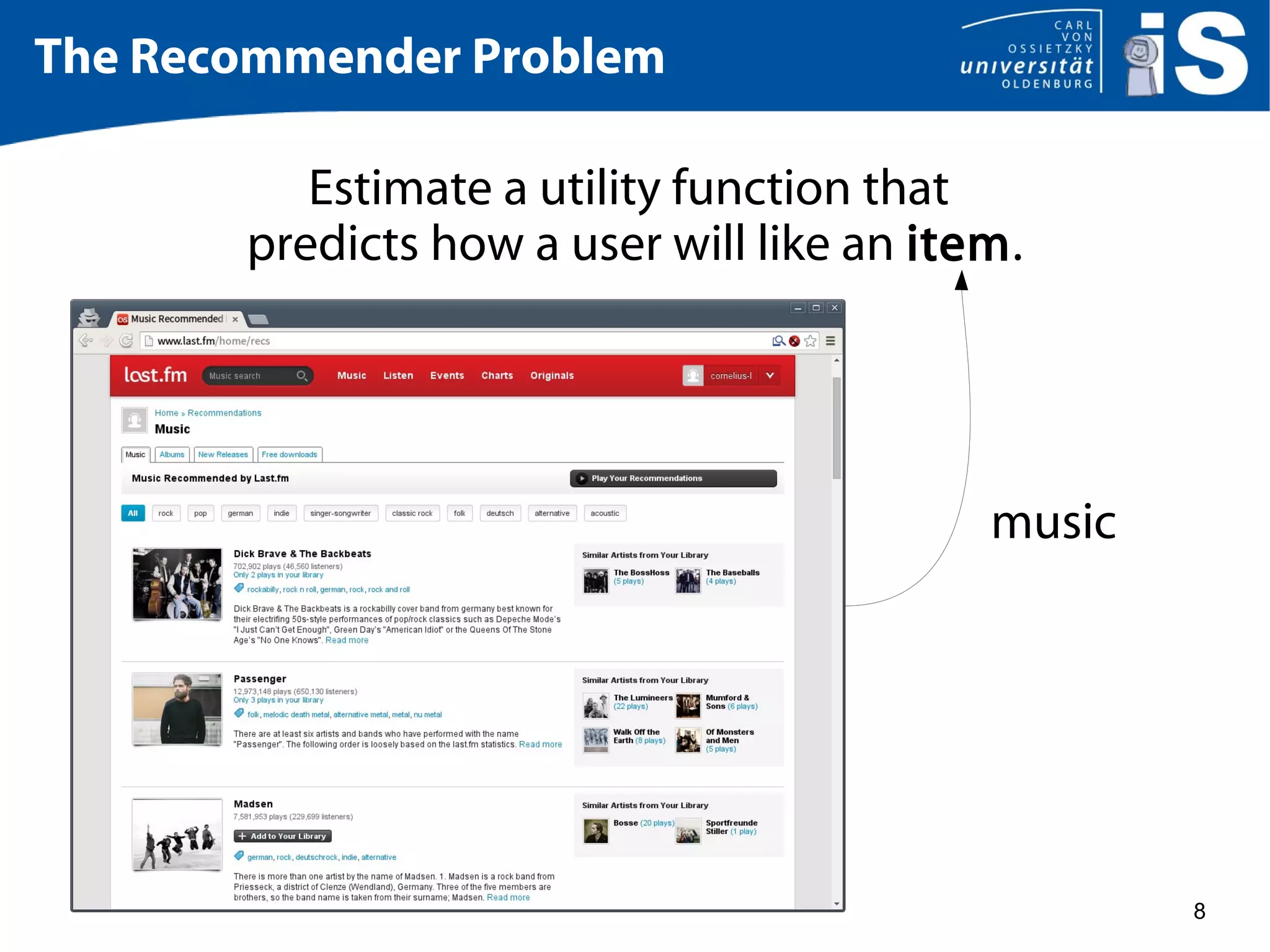 8
The Recommender Problem
Estimate a utility function that
predicts how a user will like an item.
music
 