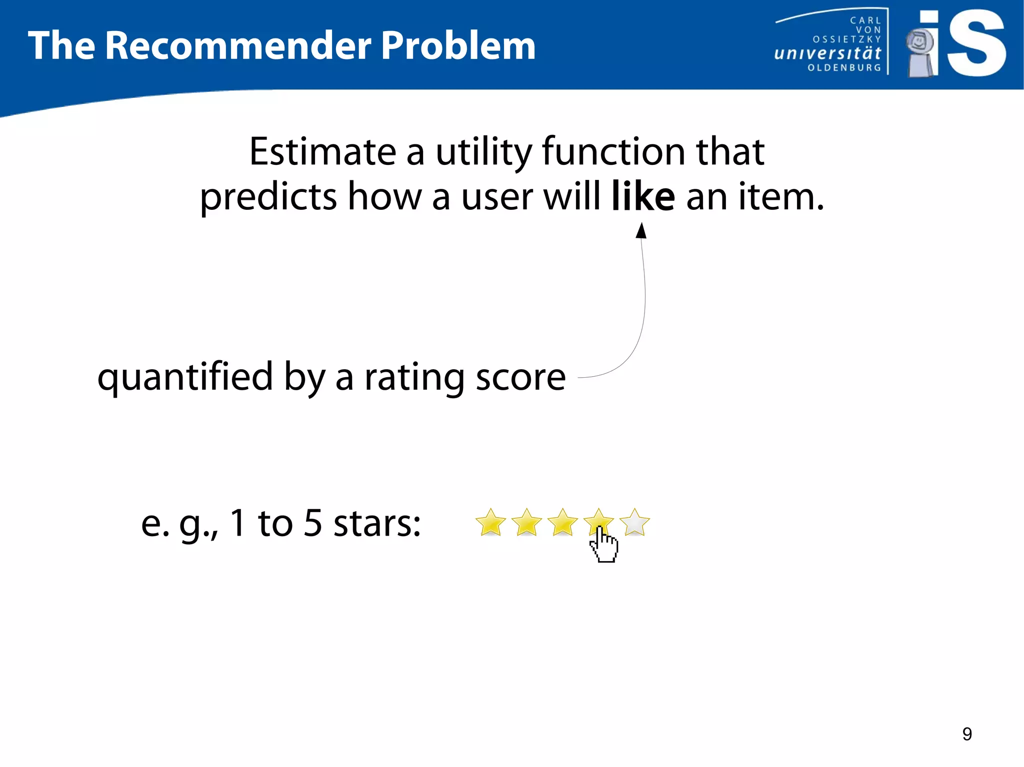 9
The Recommender Problem
Estimate a utility function that
predicts how a user will like an item.
quantified by a rating score
e. g., 1 to 5 stars:
 