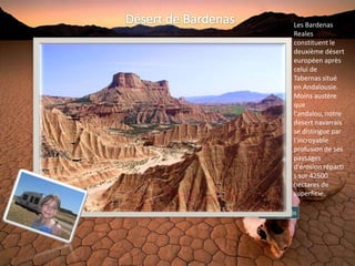 Les Bardenas
Reales
constituent le
deuxième désert
européen après
celui de
Tabernas situé
en Andalousie.
Moins austère
que
l'andalou, notre
désert navarrais
se distingue par
l'incroyable
profusion de ses
paysages
d'érosion réparti
s sur 42500
hectares de
superficie.
 