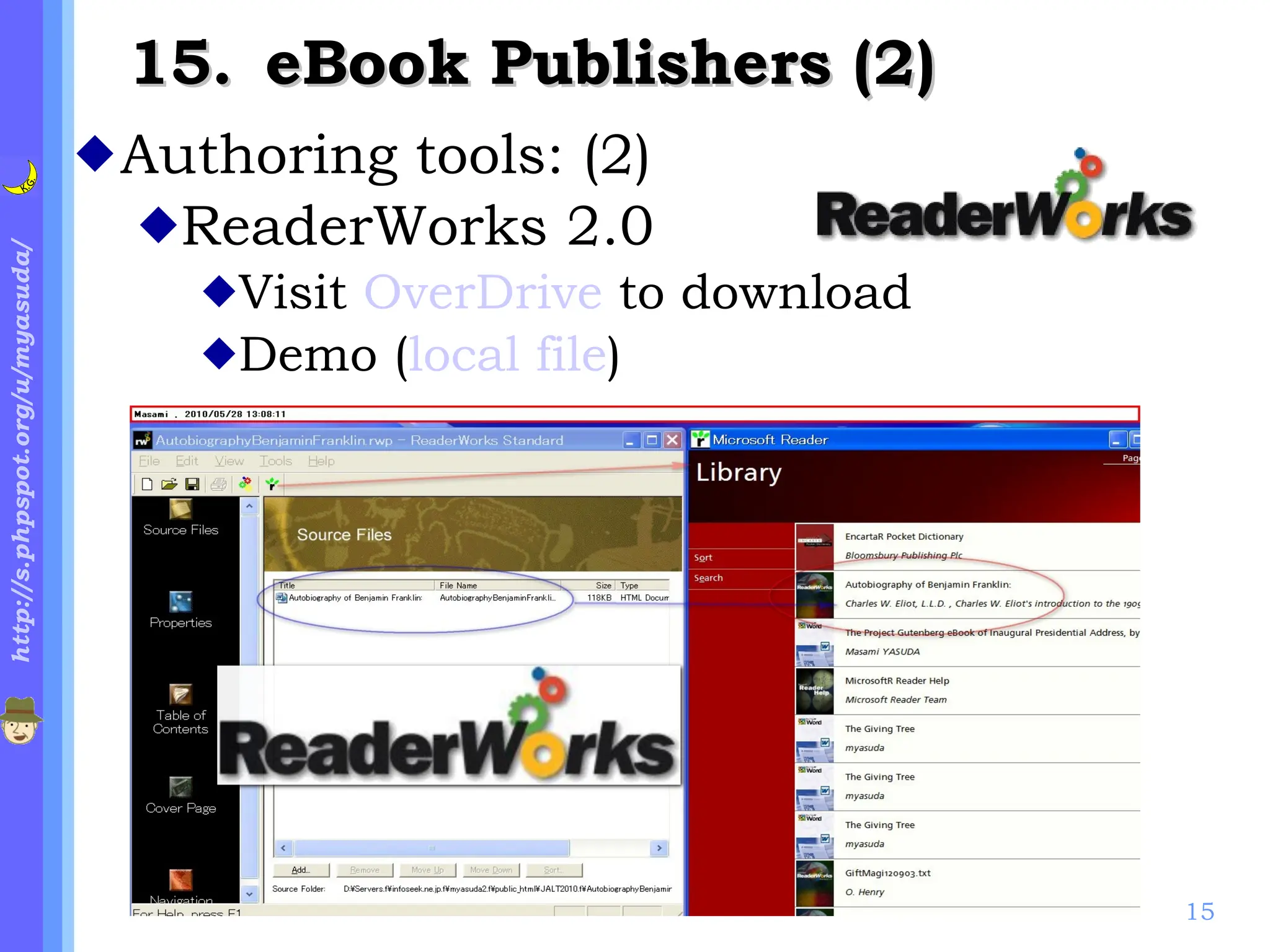 . eBook Publishers (2) Authoring tools: (2)  ReaderWorks 2.0 Visit  OverDrive  to download Demo ( local file ) 