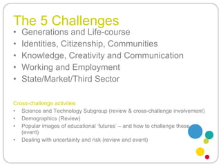 The 5 Challenges Generations and Life-course Identities, Citizenship, Communities Knowledge, Creativity and Communication Working and Employment State/Market/Third Sector  Cross-challenge activities Science and Technology Subgroup (review & cross-challenge involvement) Demographics (Review) Popular images of educational ‘futures’ – and how to challenge these (event)  Dealing with uncertainty and risk (review and event)  