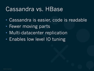 ©2012 DataStax 12
•  Cassandra is easier, code is readable
•  Fewer moving parts
•  Multi-datacenter replication
•  Enables low level IO tuning
Cassandra vs. HBase
 