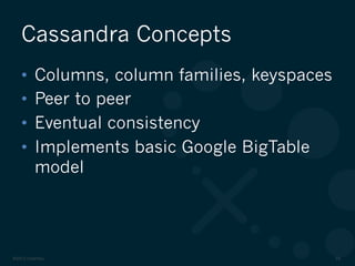 ©2012 DataStax 24
•  Columns, column families, keyspaces
•  Peer to peer
•  Eventual consistency
•  Implements basic Google BigTable
model
Cassandra Concepts
 