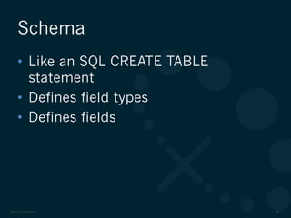 ©2012 DataStax 48
•  Like an SQL CREATE TABLE
statement
•  Defines field types
•  Defines fields
Schema
 