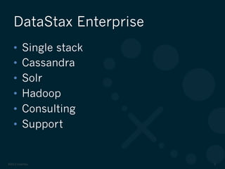 ©2012 DataStax 5
•  Single stack
•  Cassandra
•  Solr
•  Hadoop
•  Consulting
•  Support
DataStax Enterprise
 