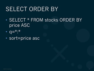 ©2012 DataStax 63
•  SELECT * FROM stocks ORDER BY
price ASC
•  q=*:*
•  sort=price asc
SELECT ORDER BY
 