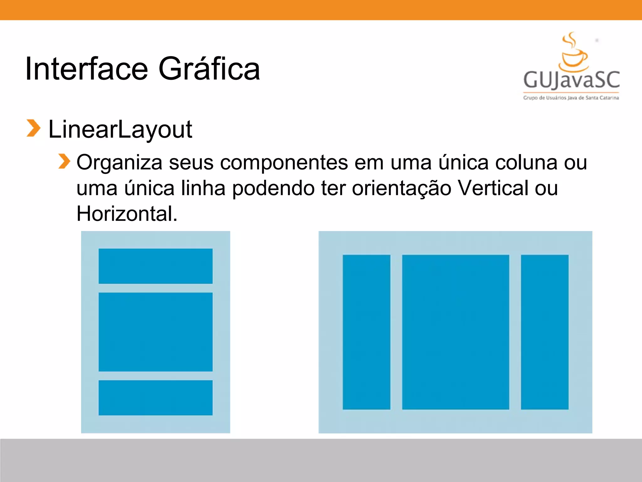 Interface Gráfica
LinearLayout
Organiza seus componentes em uma única coluna ou
uma única linha podendo ter orientação Vertical ou
Horizontal.
 