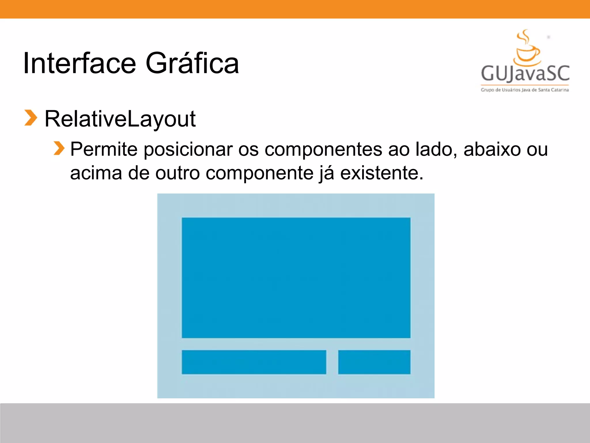 Interface Gráfica
RelativeLayout
Permite posicionar os componentes ao lado, abaixo ou
acima de outro componente já existente.
 