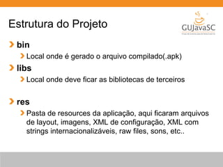Estrutura do Projeto
bin
Local onde é gerado o arquivo compilado(.apk)
libs
Local onde deve ficar as bibliotecas de terceiros
res
Pasta de resources da aplicação, aqui ficaram arquivos
de layout, imagens, XML de configuração, XML com
strings internacionalizáveis, raw files, sons, etc..
 