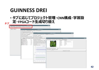 GUINNESS DREI
• タブに応じてプロジェクト管理・CNN構成・学習設
定・FPGAコード⽣成切り替え
42
タブ
 