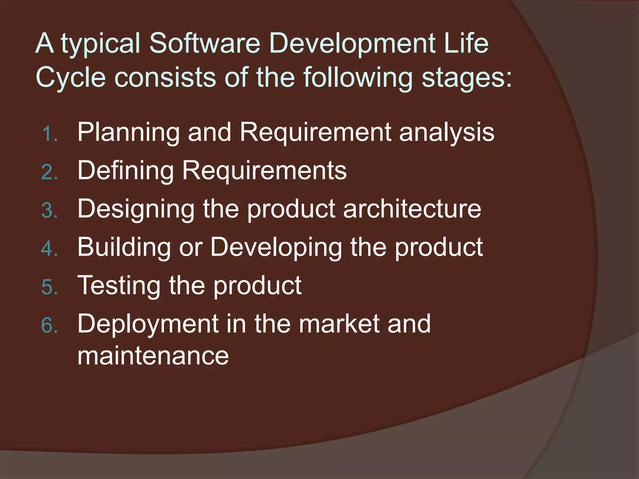 A typical Software Development Life
Cycle consists of the following stages:
1. Planning and Requirement analysis
2. Defining Requirements
3. Designing the product architecture
4. Building or Developing the product
5. Testing the product
6. Deployment in the market and
maintenance
 