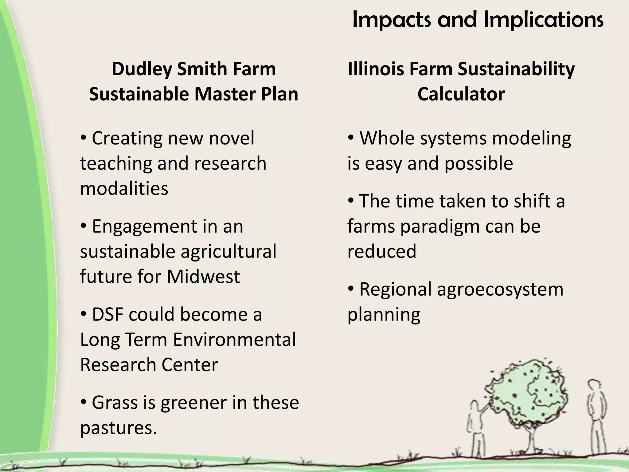 Impacts and Implications
Dudley Smith Farm Illinois Farm Sustainability
Sustainable Master Plan Calculator
• Creating new novel • Whole systems modeling
teaching and research is easy and possible
modalities
• The time taken to shift a
• Engagement in an farms paradigm can be
sustainable agricultural reduced
future for Midwest
• Regional agroecosystem
• DSF could become a planning
Long Term Environmental
Research Center
• Grass is greener in these
pastures.