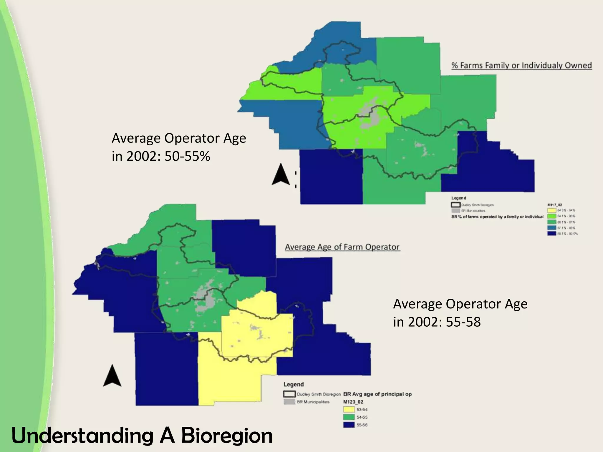Average Operator Age
in 2002: 50-55%
Average Operator Age
in 2002: 55-58
Understanding A Bioregion