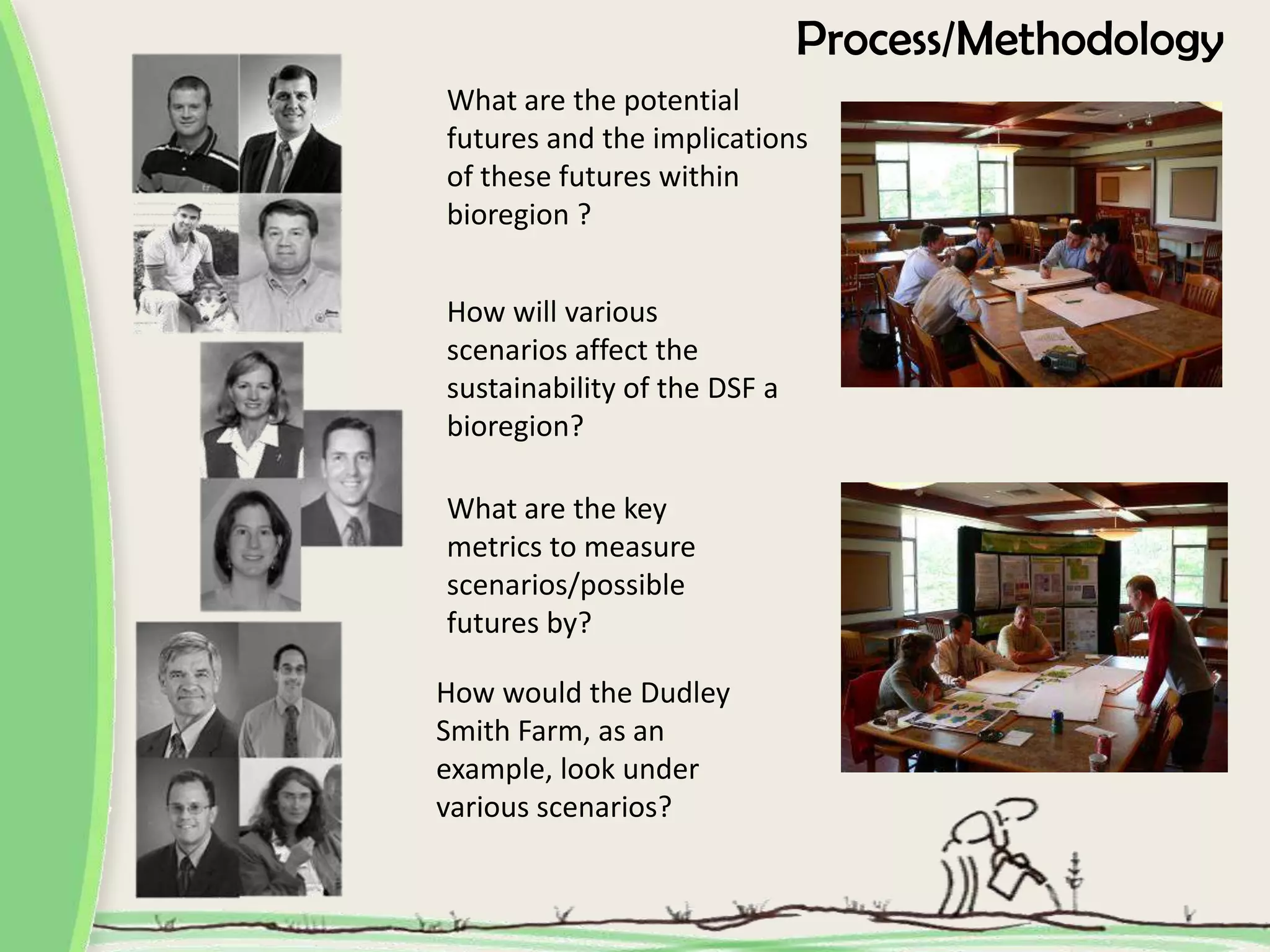 Process/Methodology
What are the potential
futures and the implications
of these futures within
bioregion ?
How will various
scenarios affect the
sustainability of the DSF a
bioregion?
What are the key
metrics to measure
scenarios/possible
futures by?
How would the Dudley
Smith Farm, as an
example, look under
various scenarios?