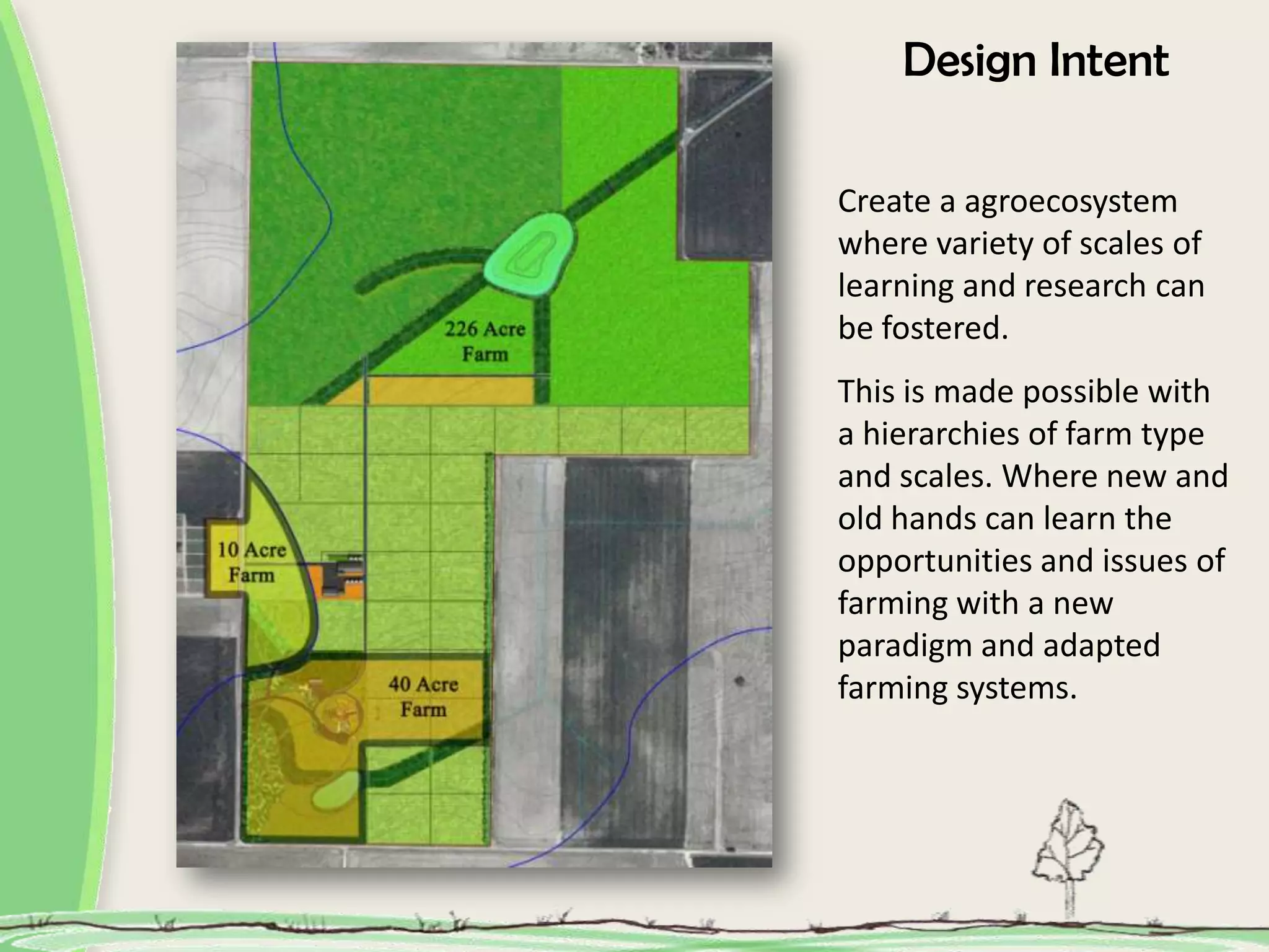 Design Intent
Create a agroecosystem
where variety of scales of
learning and research can
be fostered.
This is made possible with
a hierarchies of farm type
and scales. Where new and
old hands can learn the
opportunities and issues of
farming with a new
paradigm and adapted
farming systems.