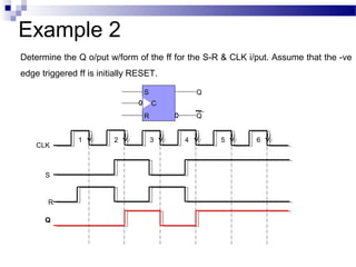 Example 2
Determine the Q o/put w/form of the ff for the S-R & CLK i/put. Assume that the -ve
edge triggered ff is initially RESET.
S
R
Q
Q
C
CLK
S
R
Q
1 2 3 4 5 6
 