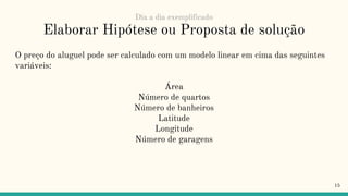 Elaborar Hipótese ou Proposta de solução
O preço do aluguel pode ser calculado com um modelo linear em cima das seguintes
variáveis:
Área
Número de quartos
Número de banheiros
Latitude
Longitude
Número de garagens
15
Dia a dia exemplificado
 