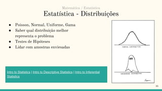 Estatística - Distribuições
● Poisson, Normal, Uniforme, Gama
● Saber qual distribuição melhor
representa o problema
● Testes de Hipóteses
● Lidar com amostras enviesadas
35
Intro to Statistics | Intro to Descriptive Statistics | Intro to Inferential
Statistics
Matemática / Estatística
 