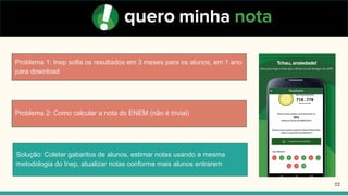 22
Solução: Coletar gabaritos de alunos, estimar notas usando a mesma
metodologia do Inep, atualizar notas conforme mais alunos entrarem
Problema 1: Inep solta os resultados em 3 meses para os alunos, em 1 ano
para download
Problema 2: Como calcular a nota do ENEM (não é trivial)
 