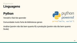 Linguagens
Versátil e fácil de aprender
Comunidade muito forte de bibliotecas gerais
Análise (porém não tão bem quanto R) e produção (porém não tão bem quanto
Scala)
28
Programação
Python
 