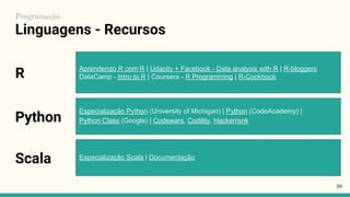 Linguagens - Recursos
30
Programação
Aprendendo R com R | Udacity + Facebook - Data analysis with R | R-bloggers
DataCamp - Intro to R | Coursera - R Programming | R-Cookbook
Especialização Python (University of Michigan) | Python (CodeAcademy) |
Python Class (Google) | Codewars, Codility, Hackerrank
Especialização Scala | Documentação
R
Python
Scala
 